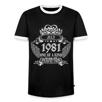 One of a Kind July 1981 Birthday - Men's Ringer Shirt - black/white - Front - AI Model Female 172 light (172cm) & AI Model Male 178 light (178cm)