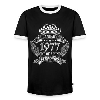 One of a Kind January 1977 Birthday - Men's Ringer Shirt - black/white - Front - AI Model Female 172 light (172cm) & AI Model Male 178 light (178cm)