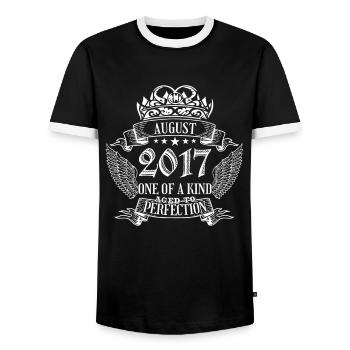 One of a Kind August 2017 Birthday - Men's Ringer Shirt - black/white - Front - AI Model Female 172 light (172cm) & AI Model Male 178 light (178cm)