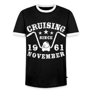 Cruising Biker Geburtstag November 1961 Motorrad - Männer Kontrast-T-Shirt - Schwarz/Weiß - Vorne - AI Model Female 172 light (172cm) & AI Model Male 178 light (178cm)