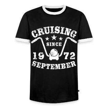 Cruising Biker Birthday September 1972 Motorcycle - Men's Ringer Shirt - black/white - Front - AI Model Female 172 light (172cm) & AI Model Male 178 light (178cm)