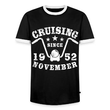 Cruising Biker Birthday November 1952 Motorcycle - Men's Ringer Shirt - black/white - Front - AI Model Female 172 light (172cm) & AI Model Male 178 light (178cm)