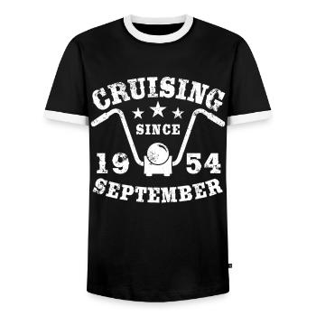 Cruising Biker Geburtstag September 1954 Motorrad - Männer Kontrast-T-Shirt - Schwarz/Weiß - Vorne - AI Model Female 172 light (172cm) & AI Model Male 178 light (178cm)