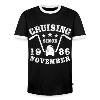 Cruising Biker Geburtstag November 1986 Motorrad - Männer Kontrast-T-Shirt - Schwarz/Weiß - Vorne - AI Model Female 172 light (172cm) & AI Model Male 178 light (178cm)
