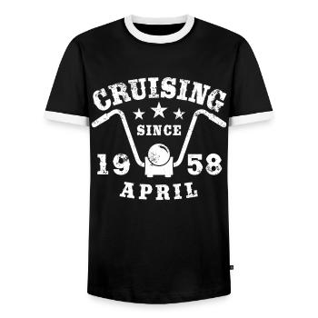 Cruising Biker Geburtstag April 1958 Motorrad - Männer Kontrast-T-Shirt - Schwarz/Weiß - Vorne - AI Model Female 172 light (172cm) & AI Model Male 178 light (178cm)