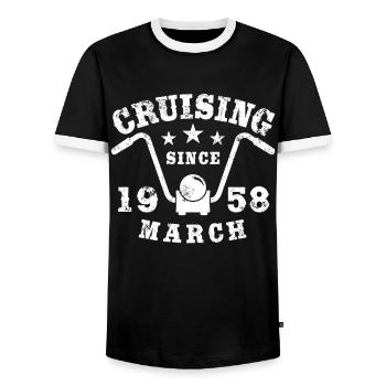 Cruising Biker Geburtstag März 1958 Motorrad - Männer Kontrast-T-Shirt - Schwarz/Weiß - Vorne - AI Model Female 172 light (172cm) & AI Model Male 178 light (178cm)