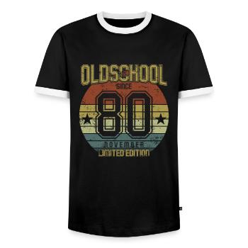 November 1980 - Geburtstag im November Oldschool - Männer Kontrast-T-Shirt - Schwarz/Weiß - Vorne - AI Model Female 172 light (172cm) & AI Model Male 178 light (178cm)
