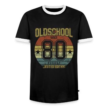 August 1980 - Geburtstag im August Oldschool - Männer Kontrast-T-Shirt - Schwarz/Weiß - Vorne - AI Model Female 172 light (172cm) & AI Model Male 178 light (178cm)
