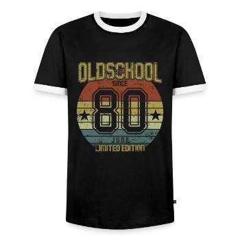 June 1980 - Geburtstag im Juni Oldschool - Männer Kontrast-T-Shirt - Schwarz/Weiß - Vorne - AI Model Female 172 light (172cm) & AI Model Male 178 light (178cm)