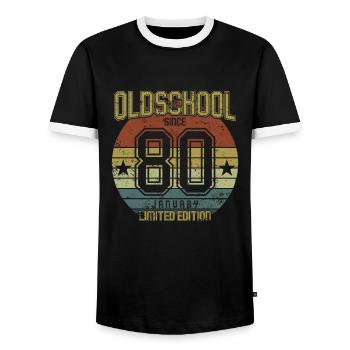 January 1980 - Geburtstag im Januar Oldschool - Männer Kontrast-T-Shirt - Schwarz/Weiß - Vorne - AI Model Female 172 light (172cm) & AI Model Male 178 light (178cm)