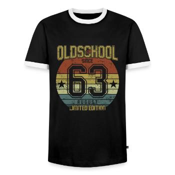 August 1963 - Birthday in August Oldschool - Men's Ringer Shirt - black/white - Front - AI Model Female 172 light (172cm) & AI Model Male 178 light (178cm)