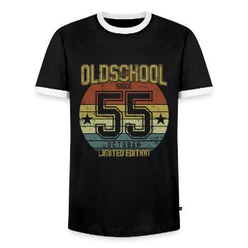 October 1955 - Geburtstag im Oktober Oldschool - Männer Kontrast-T-Shirt - Schwarz/Weiß - Vorne - AI Model Female 172 light (172cm) & AI Model Male 178 light (178cm)