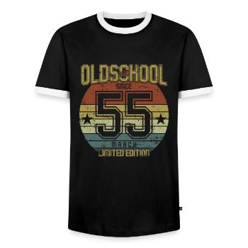 March 1955 - Geburtstag im März Oldschool - Männer Kontrast-T-Shirt - Schwarz/Weiß - Vorne - AI Model Female 172 light (172cm) & AI Model Male 178 light (178cm)