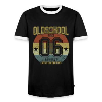 August 2006 - Birthday in August Oldschool - Men's Ringer Shirt - black/white - Front - AI Model Female 172 light (172cm) & AI Model Male 178 light (178cm)