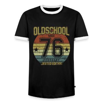 February 1976 - Geburtstag im Februar Oldschool - Männer Kontrast-T-Shirt - Schwarz/Weiß - Vorne - AI Model Female 172 light (172cm) & AI Model Male 178 light (178cm)