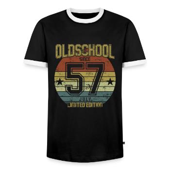 July 1957 - Birthday in July Oldschool - Men's Ringer Shirt - black/white - Front - AI Model Female 172 light (172cm) & AI Model Male 178 light (178cm)