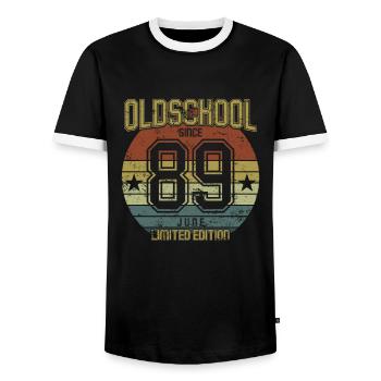 June 1989 - Geburtstag im Juni Oldschool - Männer Kontrast-T-Shirt - Schwarz/Weiß - Vorne - AI Model Female 172 light (172cm) & AI Model Male 178 light (178cm)
