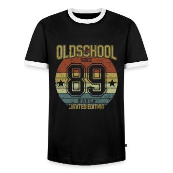 March 1989 - Geburtstag im März Oldschool - Männer Kontrast-T-Shirt - Schwarz/Weiß - Vorne - AI Model Female 172 light (172cm) & AI Model Male 178 light (178cm)