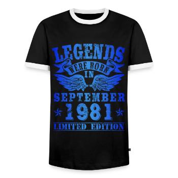 Les légendes sont nées en septembre 1981 Anniversaire - T-shirt contrasté Homme - noir/blanc - Devant - AI Model Female 172 light (172cm) & AI Model Male 178 light (178cm)