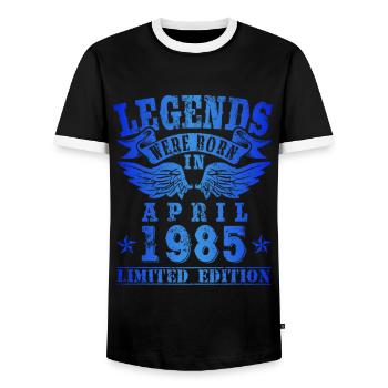 Les légendes sont nées en avril 1985 - T-shirt contrasté Homme - noir/blanc - Devant - AI Model Female 172 light (172cm) & AI Model Male 178 light (178cm)