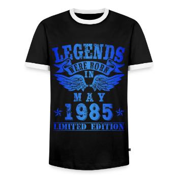 Les légendes sont nées en mai 1985 - T-shirt contrasté Homme - noir/blanc - Devant - AI Model Female 172 light (172cm) & AI Model Male 178 light (178cm)