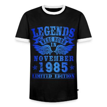 Les légendes sont nées en novembre 1985 - T-shirt contrasté Homme - noir/blanc - Devant - AI Model Female 172 light (172cm) & AI Model Male 178 light (178cm)
