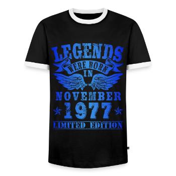 Legends were born in November 1977 Birthday - Men's Ringer Shirt - black/white - Front - AI Model Female 172 light (172cm) & AI Model Male 178 light (178cm)
