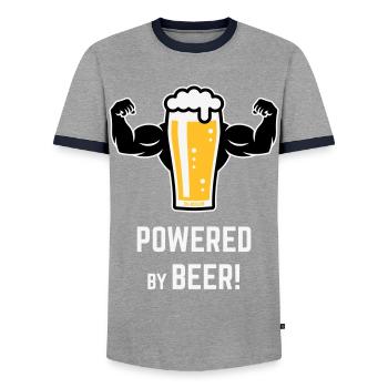 Powered By Beer! (Ale / Muscles / L / 3C) - Men's Ringer Shirt - grey/navy  - Front - AI Model Female 172 light (172cm) & AI Model Male 178 light (178cm)