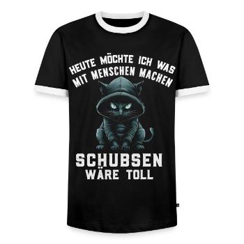 Chat, Ironie, Drôle, Travail, Drôle, Sarcasme, Antisocial - T-shirt contrasté Homme - noir/blanc - Devant - AI Model Female 172 light (172cm) & AI Model Male 178 light (178cm)