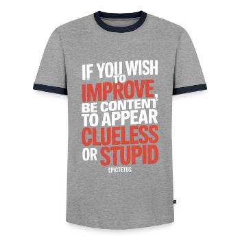 Epictetus quote "If you wish to improve be ..." - Men's Ringer Shirt - grey/navy  - Front - AI Model Female 172 light (172cm) & AI Model Male 178 light (178cm)