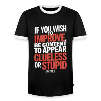 Epictetus quote "If you wish to improve be ..." - Men's Ringer Shirt - black/white - Front - AI Model Female 172 light (172cm) & AI Model Male 178 light (178cm)