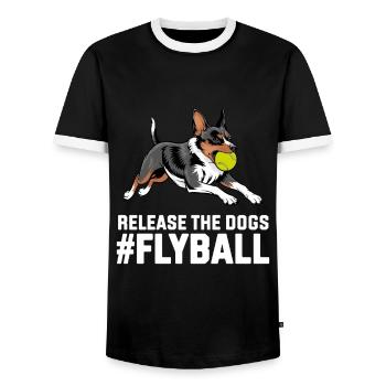 Flyball Dog Sports - Men's Ringer Shirt - black/white - Front - AI Model Female 172 light (172cm) & AI Model Male 178 light (178cm)