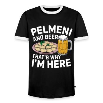 Pelmeni Russian Cuisine - Men's Ringer Shirt - black/white - Front - AI Model Female 172 light (172cm) & AI Model Male 178 light (178cm)