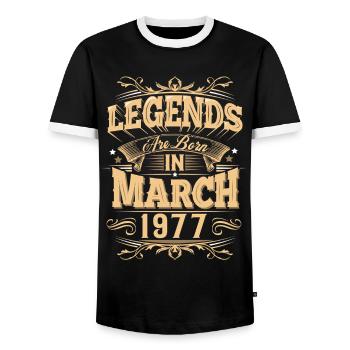 Légende de l’anniversaire de mars 1977 - T-shirt contrasté Homme - noir/blanc - Devant - AI Model Female 172 light (172cm) & AI Model Male 178 light (178cm)