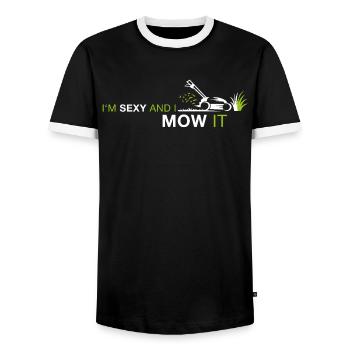 Sexy and I mow it – Funny Lawn Mowing Saying - Men's Ringer Shirt - black/white - Front - AI Model Female 172 light (172cm) & AI Model Male 178 light (178cm)