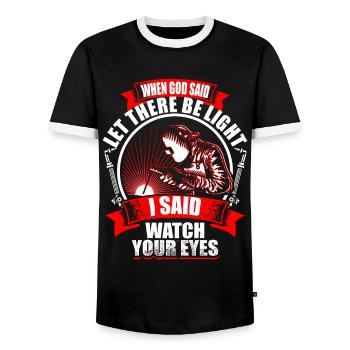 When God Said - Welder - Männer Kontrast-T-Shirt - Schwarz/Weiß - Vorne - AI Model Female 172 light (172cm) & AI Model Male 178 light (178cm)