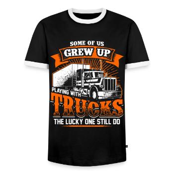 Grew Up - Trucker - EN - Männer Kontrast-T-Shirt - Schwarz/Weiß - Vorne - AI Model Female 172 light (172cm) & AI Model Male 178 light (178cm)