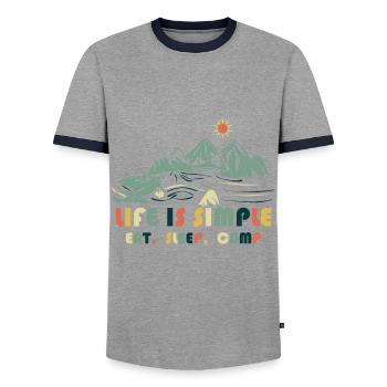Life is simple. Eat. Sleep. Camp - Men's Ringer Shirt - grey/navy  - Front - AI Model Female 172 light (172cm) & AI Model Male 178 light (178cm)