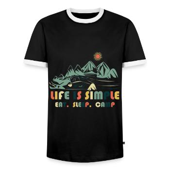 La vie est simple. Manger. Dormir. Camp - T-shirt contrasté Homme - noir/blanc - Devant - AI Model Female 172 light (172cm) & AI Model Male 178 light (178cm)