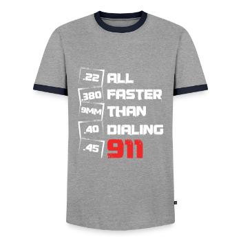 All Faster Than Dialing Artillery Rights Gunsmith - Men's Ringer Shirt - grey/navy  - Front - AI Model Female 172 light (172cm) & AI Model Male 178 light (178cm)