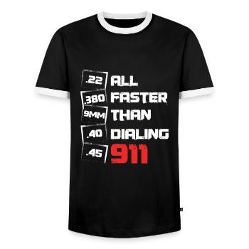 All Faster Than Dialing Artillery Rights Gunsmith - Men's Ringer Shirt - black/white - Front - AI Model Female 172 light (172cm) & AI Model Male 178 light (178cm)