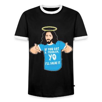 Funny Jesus Shirt Christian Meme Yo I'll Solve It - Men's Ringer Shirt - black/white - Front - AI Model Female 172 light (172cm) & AI Model Male 178 light (178cm)