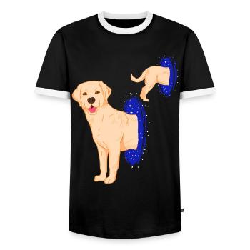 Retriever Labrador in the Black Hole, outer space fan - Men's Ringer Shirt - black/white - Front - AI Model Female 172 light (172cm) & AI Model Male 178 light (178cm)