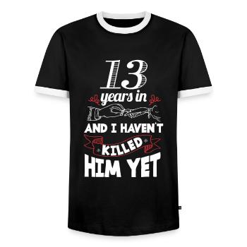 13 Years Wedding Anniversary Gift Idea for Women - Men's Ringer Shirt - black/white - Front - AI Model Female 172 light (172cm) & AI Model Male 178 light (178cm)