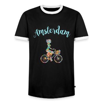 Amsterdam T-Shirt Bicycle Souvenir Gift - Men's Ringer Shirt - black/white - Front - AI Model Female 172 light (172cm) & AI Model Male 178 light (178cm)