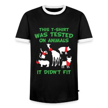 This T-Shirt was tested on animals - it didn´t fit - Männer Kontrast-T-Shirt - Schwarz/Weiß - Vorne - AI Model Female 172 light (172cm) & AI Model Male 178 light (178cm)