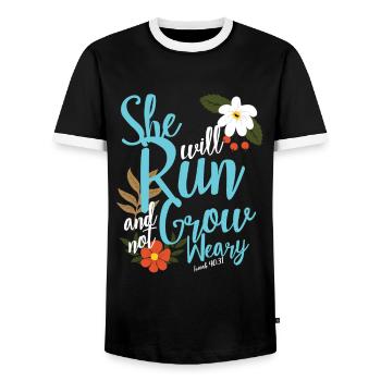 Verset de la Bible chrétienne, elle courra et grandira - T-shirt contrasté Homme - noir/blanc - Devant - AI Model Female 172 light (172cm) & AI Model Male 178 light (178cm)