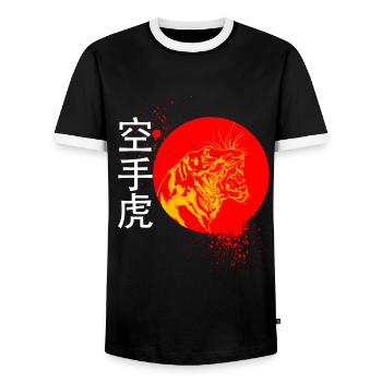Karate and a tiger with Japanese symbols - Men's Ringer Shirt - black/white - Front - AI Model Female 172 light (172cm) & AI Model Male 178 light (178cm)
