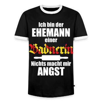 Lustiger Spruch für Ehemänner | Baden Badenerin - Männer Kontrast-T-Shirt - Schwarz/Weiß - Vorne - AI Model Female 172 light (172cm) & AI Model Male 178 light (178cm)