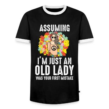 Let's say I'm just an old lady hippie. - Men's Ringer Shirt - black/white - Front - AI Model Female 172 light (172cm) & AI Model Male 178 light (178cm)